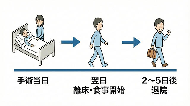 食道裂孔ヘルニア手術後の経過スケジュール。手術当日から翌日の歩行、2〜5日後の退院までの流れ。